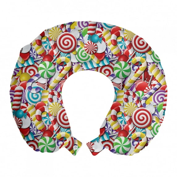 Candy Cane Travel Pillow Neck Rest, Bonbons Lollipops Sugary Treats Sweeties Colorful Pile for Occasions, Memory Foam Traveling Accessory for Airplane and Car, 12", Red Green, by Ambesonne