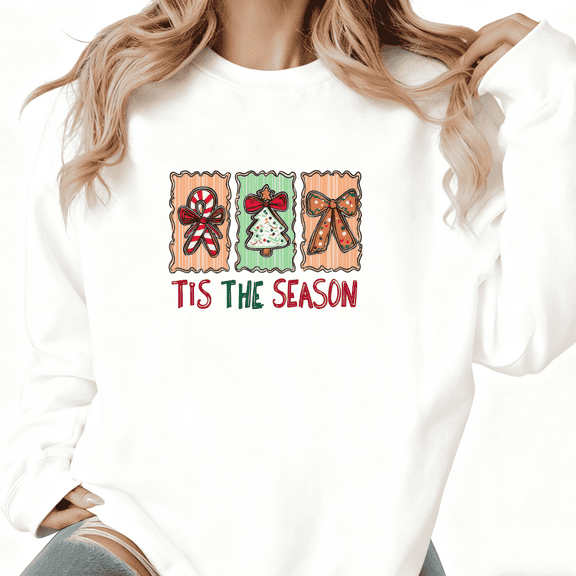 Christmas Tis The Season Print Sweatshirt White S-3XL Graphic Sweatshirt Casual Tops
