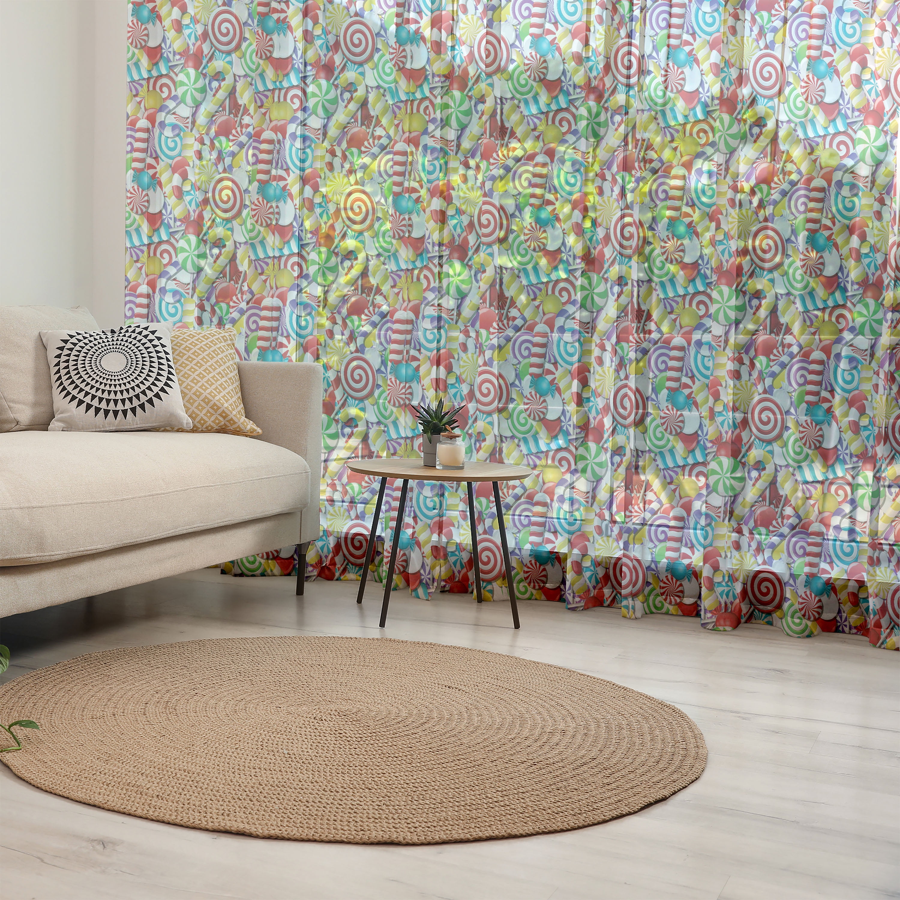 Candy Cane Tulle Curtains with Rod Pocket, Bonbons Lollipops Sugary