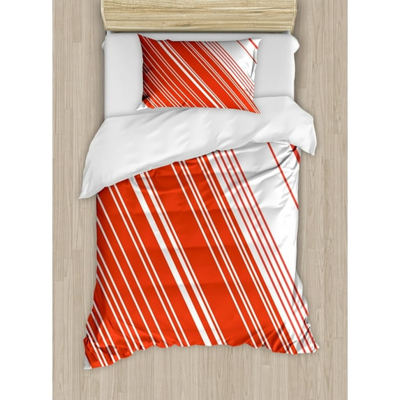 Candy Cane Twin Size Duvet Cover Set, Diagonal Barcode Patterned Lines on White Background Abstract Geometric Design, Decorative 2 Piece Bedding Set with 1 Pillow Sham, Red White, by Ambesonne