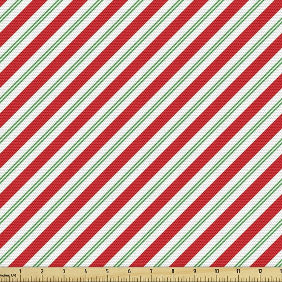 Candy Cane Upholstery Fabric by the Yard, Bicolor Stripes and Lines Traditional Design Seasonal Pattern, Decorative Fabric for DIY and Home Accents, 5 Yards, Red Fern Green White by Ambesonne