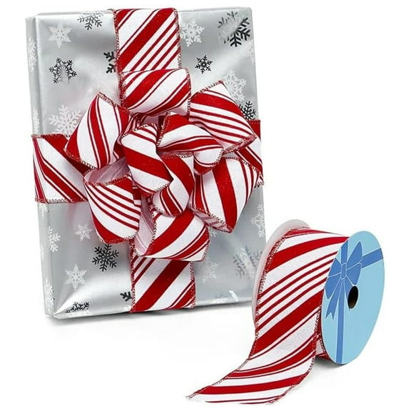 Candy Cane Wired Christmas Ribbon - 2 1/2 Inches Wide x 10 Yards (56162811) - Red White Peppermint, Holiday, Gifts, Wrapping, Wreath