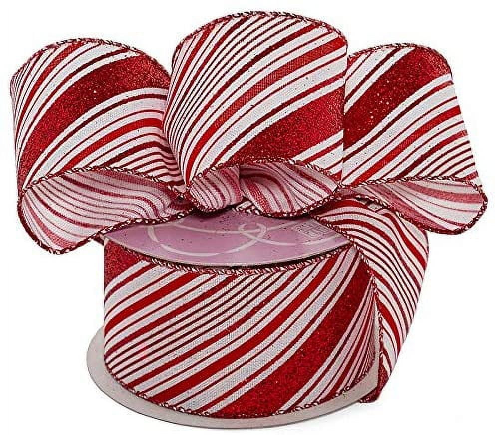 Candy Cane Wired Christmas Ribbon - 2 1/2" x 10 Yards, Sparkly Red White Peppermint, Holiday, Garland, Gifts, Wrapping, Wreaths, Bows
