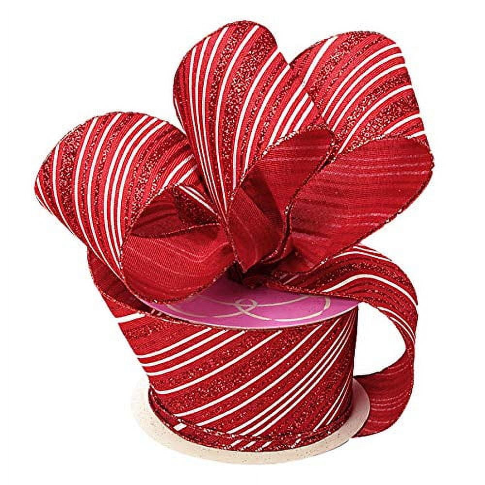 White Striped Hearts Valentine Ribbon 1 1/2 x 25 Yards, Wired Edge, Red Hearts, Wreath, Wedding, Gift Basket, Gift Wrap, Bows