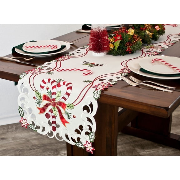 Candy Cane and Holly Leaves Rectangular Table Runner (15" x 33"/15" x 70")