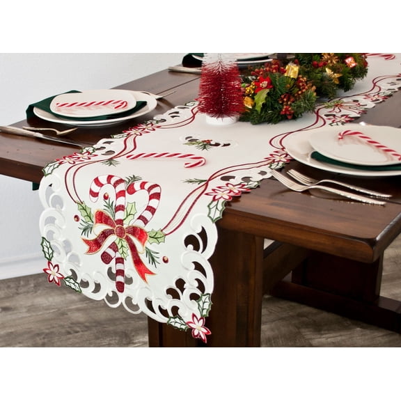 Candy Cane and Holly Leaves Rectangular Table Runner (15" x 33"/15" x 70")