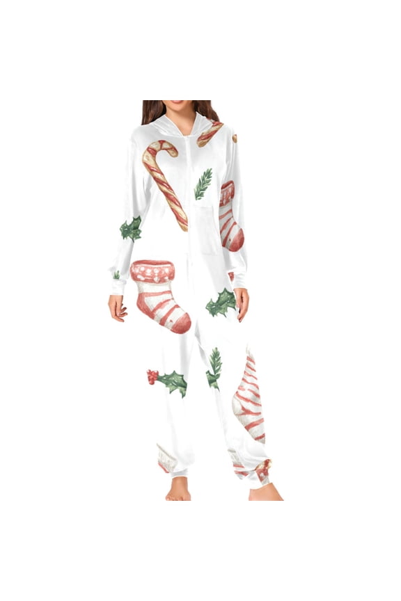 Candy Canes Holly Leave Christmas Adult's Hoodie Onesie Jumpsuit One-Piece Pajamas with Zipper Unisex for Holiday M