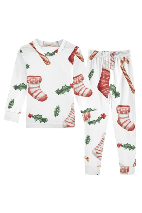 Candy Canes Holly Leave Christmas Cotton Pajama Set Long Sleeve Top and Pants Sleepwear Unisex 8Y