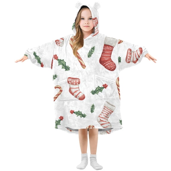 Candy Canes Holly Leave Christmas Flannel Wearable Blankets Hooded Design Long Sleeves Wrap Unisex for 3T-14Y S
