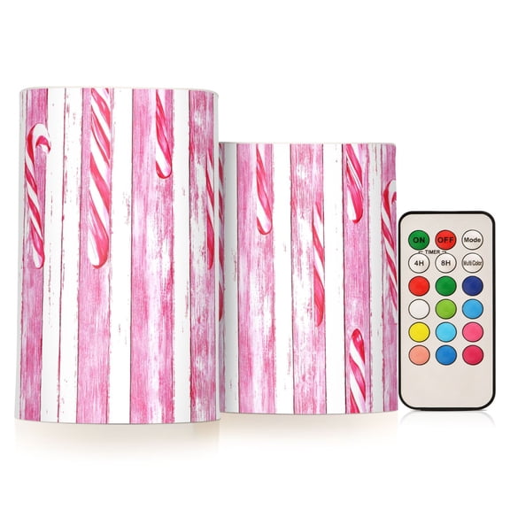 Candy Canes Pattern Flameless LED Candle Set with Remote, Battery Operated Color Changing Pillar Candles, Set of 2