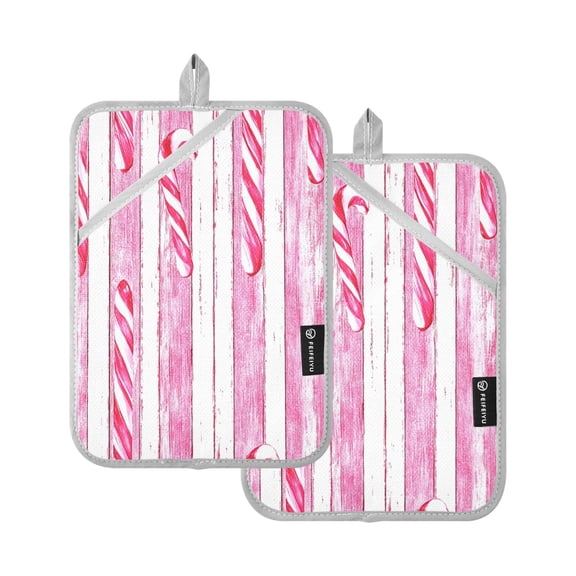 Candy Canes Pattern Set of 2 Heat-Resistant Quilted Pads, Silver Polyester, 7" x 9.8"