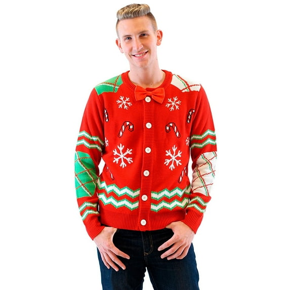 Candy Canes and Snowflakes Red Button Up Ugly Christmas Sweater with Bowtie
