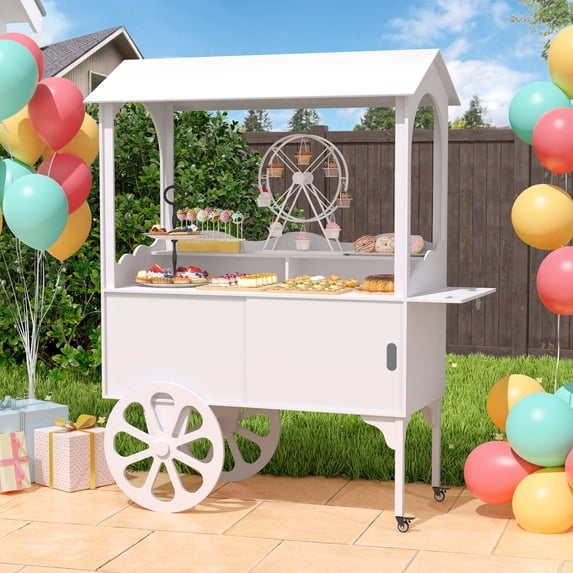 Candy Cart with Wheels for Party，Wood Dessert Cart with Storage Cabinet ...