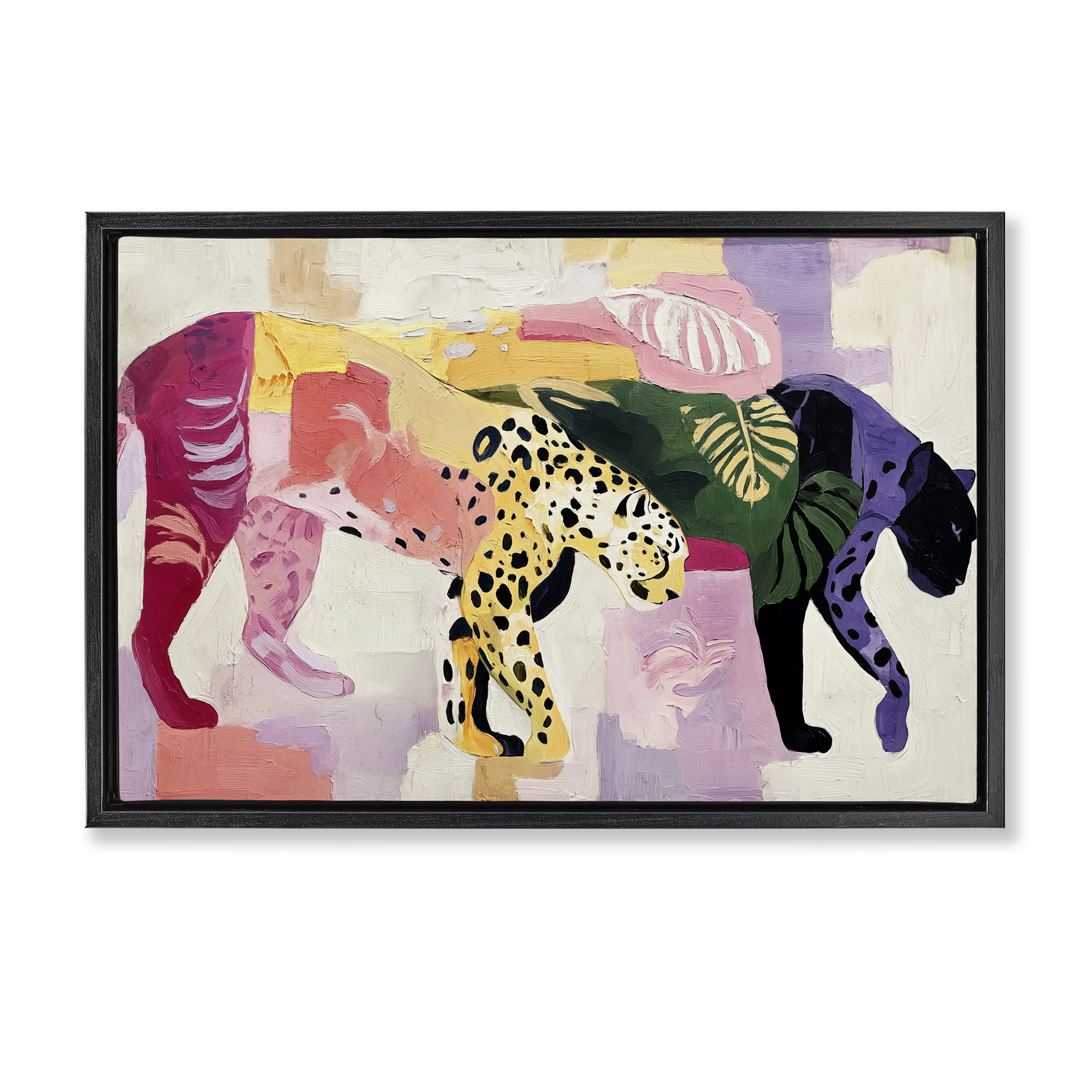 Candy Cats Tropical Wildlife Black Framed Floater Canvas Wall Art, design by Annabelle Hall
