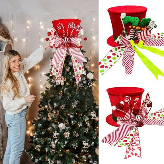 Candy Christmas Tree Topper Red Tree Topper Hat with Candy Peppermint Bows Ribbon Ornament Christmas Tree Top Hat for Home Office Holiday Tree Decoration Xmas Gift