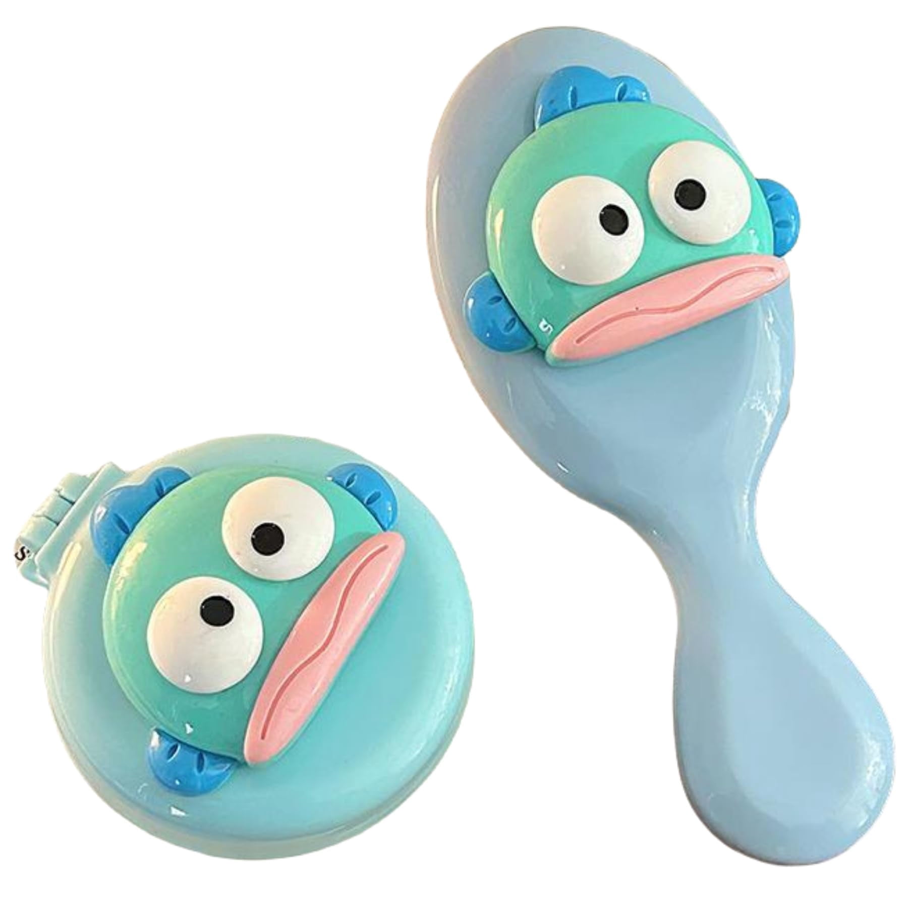Candy Color Cute Cartoon Air Cushion Comb Set for Adults & Kids Hair - Detangler Brush for Natural, Curly, Straight, Wet or Dry Hair, Foldable Mirror Included (Blue (Fold + Hand))