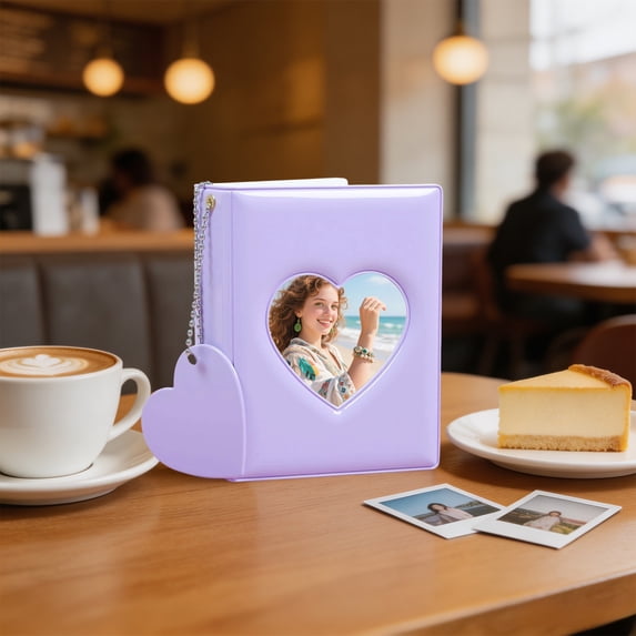 Candy Color Mini Photo Album With Heart Cutout Cover, 20 Pages Portable Plastic Photocard Binder For 4.33*3.34 Inch Pictures Collectible Cards Souvenir Gift(Purple)