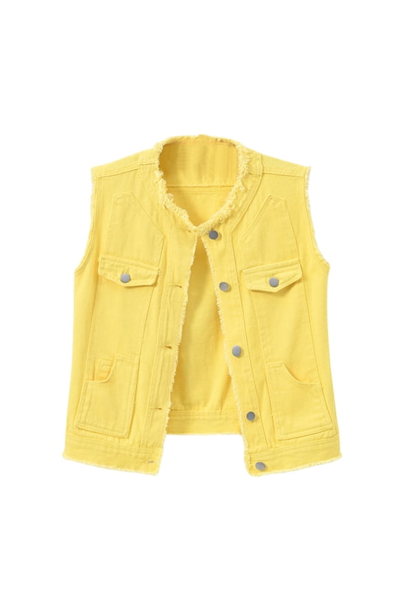 Candy Color Sleeveless Frayed Hem Jean Jacket For Women Fashion Ripped Button Down Lapel Slim Denim Waistcoat