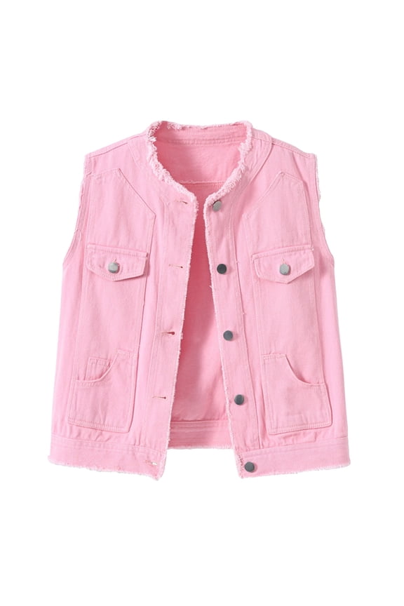 Candy Color Sleeveless Frayed Hem Jean Jacket For Women Fashion Ripped Button Down Lapel Slim Denim Waistcoat