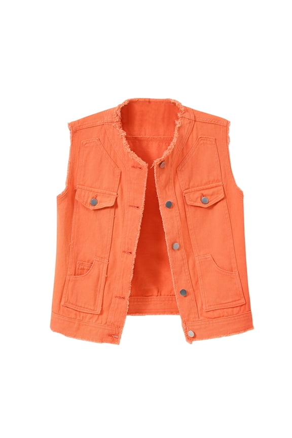 Candy Color Sleeveless Frayed Hem Jean Jacket For Women Fashion Ripped Button Down Lapel Slim Denim Waistcoat