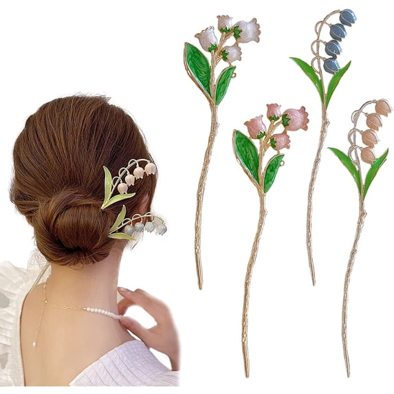 Candy Colors Flower Hair Sticks Oil Drip Alloy Hair Chopsticks Large Spring Hair Accessories for Women Girls[4 Packs]