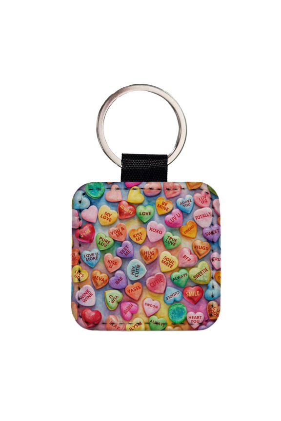 Candy Conversation Hearts Candy Valentine's Day Love Faux Leather Square Keychain