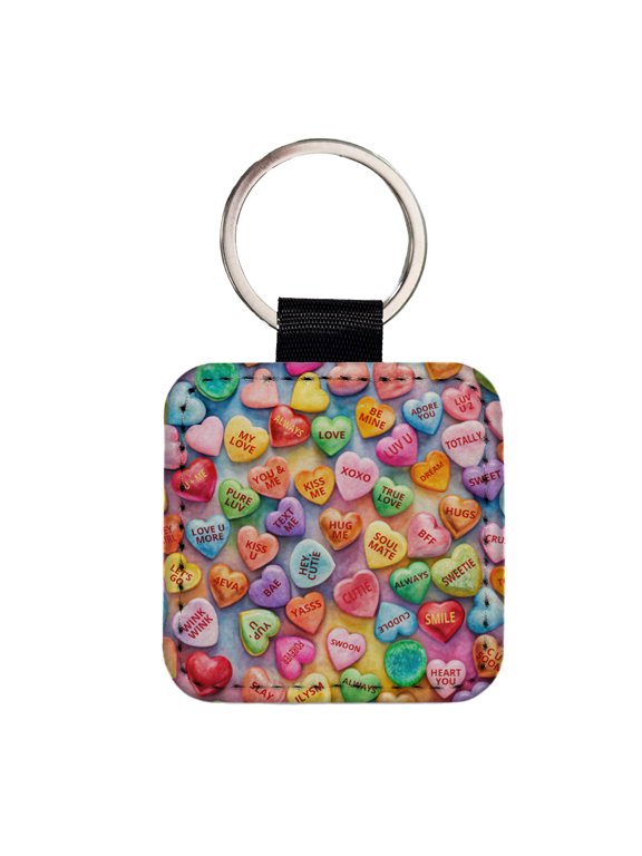 Candy Conversation Hearts Candy Valentine's Day Love Faux Leather Square Keychain