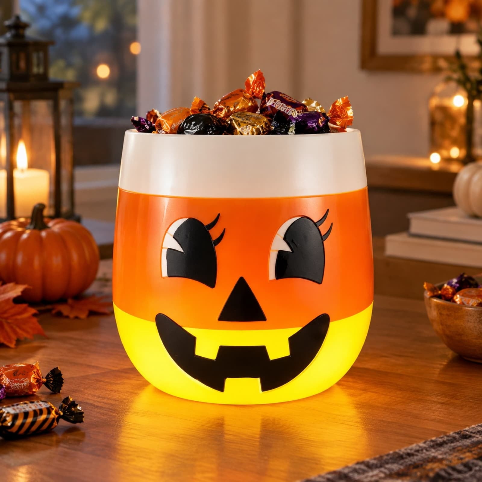 Candy Corn Blow Mold Candy Bowl, 10 Inch Lighted Halloween Candy Holder with Jack O Lantern Face, LED Tabletop Halloween Decor for Front Porch Mantel Party Home