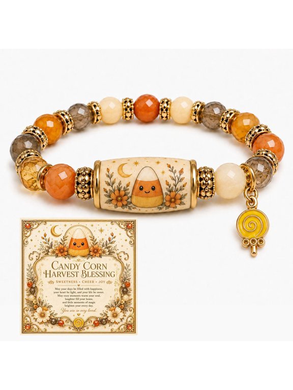 Candy Corn Bracelet for Women, Orange Cream and Smoky Beaded Wristband with Lollipop Charm, Halloween Fall Gift with Candy Corn Harvest Blessing Message Card