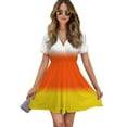 thumbnail image 1 of Candy Corn Colors Ombre Women Dress V-Neck Short Sleeve Flowy Swing Party Midi Dress, 1 of 4