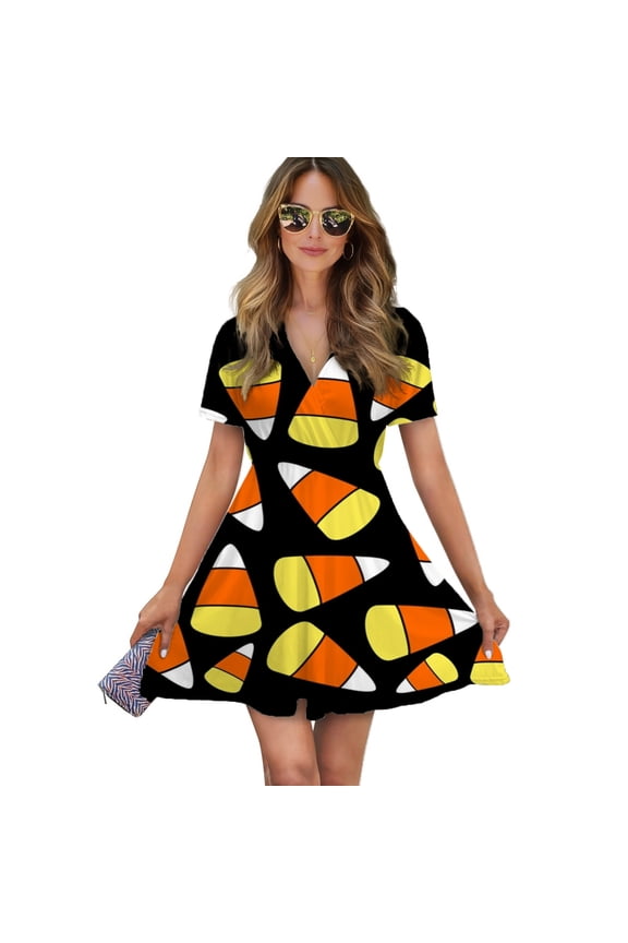 Candy Corn Pattern Halloween Women Dress V-Neck Short Sleeve Flowy Swing Party Midi Dress