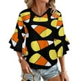 thumbnail image 1 of Candy Corn Pattern Halloween Women's V-Neck Blouse With 3/4 Ruffled Bell Sleeves Casual Top Ladies Blouses, 1 of 7