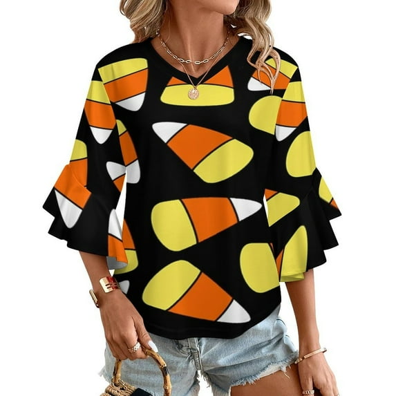 Candy Corn Pattern Halloween Women's V-Neck Blouse With 3/4 Ruffled Bell Sleeves Casual Top Ladies Blouses