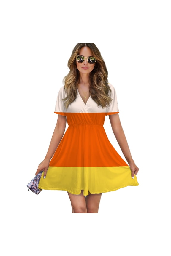 Candy Corn Pattern Women Dress V-Neck Short Sleeve Flowy Swing Party Midi Dress
