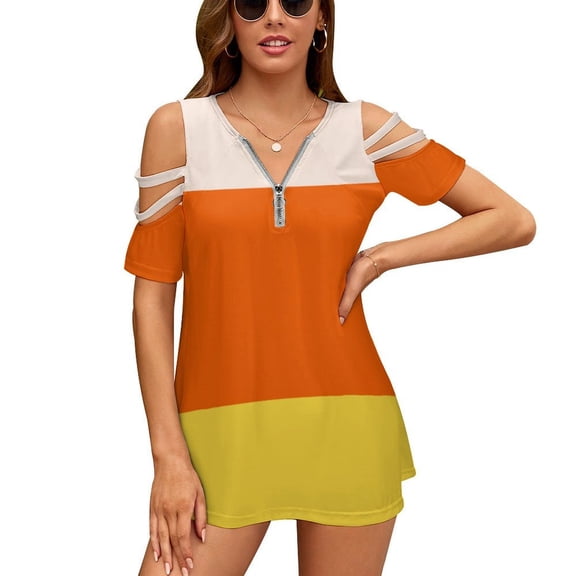 Candy Corn Pattern Womens Summer V Neck Zipper Top Short Sleeve T Shirt Off Shoulder Top Casual Classy Loose Shirts