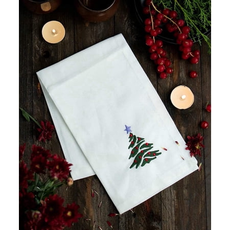 Candy Cottons 100% Cotton Christmas Tree Embroidered White Cloth Napkins, Christmas Napkins, Pack of 6 (17”X17”)