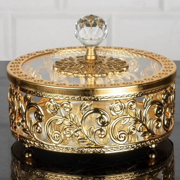 Candy Dish Bowl with Metal Glass Lid and Crystal Top, Vintage Handmade Stainless Metal Decorative Mirrored Round Serving Bowl, 6.3, Gold