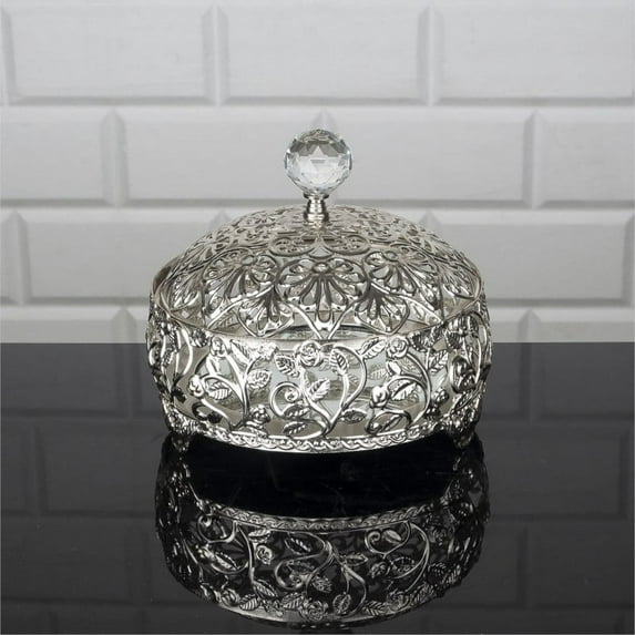 Candy Dish Bowl with Metal Lid and Crystal Top, Rose Handmade Stainless Metal Decorative Mirrored Round Serving Bowl, 6.3”, Silver