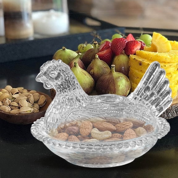 Candy Dish，Glass Bowl，Hen On Nest Glass Dish,Glass Chicken Candy Jar with Lid, Rustic Farmhouse Candy Bowl & Snack Tray, Decorative Kitchen Fruit Platter(Silver 5IN)