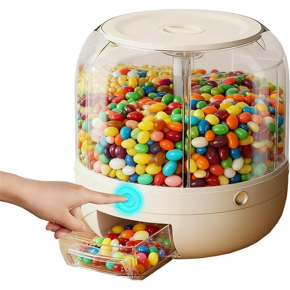 Candy Dispenser 360° Rotating, 6 Compartment Large Capacity Candy Machine with One-Button Dispensing for Mini Candies, Snacks, Nuts and Rice