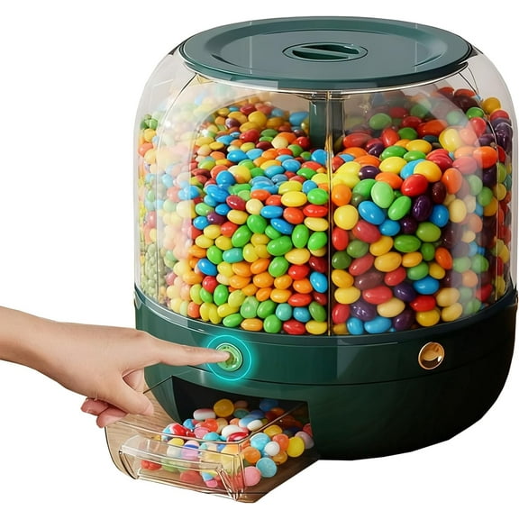 Candy Dispenser 360° Rotating, 6 Compartment Large Capacity Candy Machine with One-Button Dispensing for Mini Candies, Snacks, Nuts and Rice
