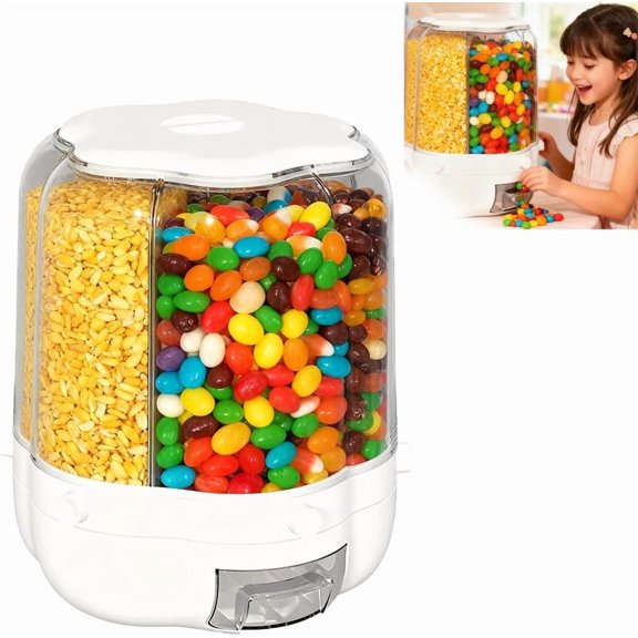 Candy Dispenser 360° Rotating with 6 Compartments, Airtight Food Storage Container with Lid, One-Click Dispensing, Durable Candy Storage Box for Snacks Cereals Beans Kitchen Counter Organizer(Large)