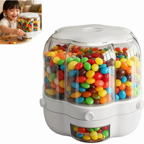Candy Dispenser 360° Rotating with 6 Compartments, Airtight Food Storage Container with Lid, One-Click Dispensing, Durable Candy Storage Box for Snacks Cereals Beans Kitchen Counter Organizer(Small)