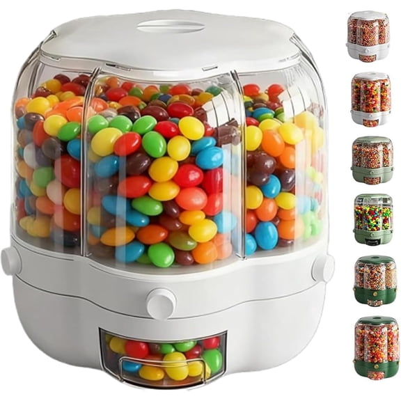 Candy Dispenser 360°Rotating with 6 Compartments, Multi Spinning Candy Dispenser Carousel, Sealed Storage Container One-Button Dispensing for Snacks, Candies, Coffee Beans, Grain