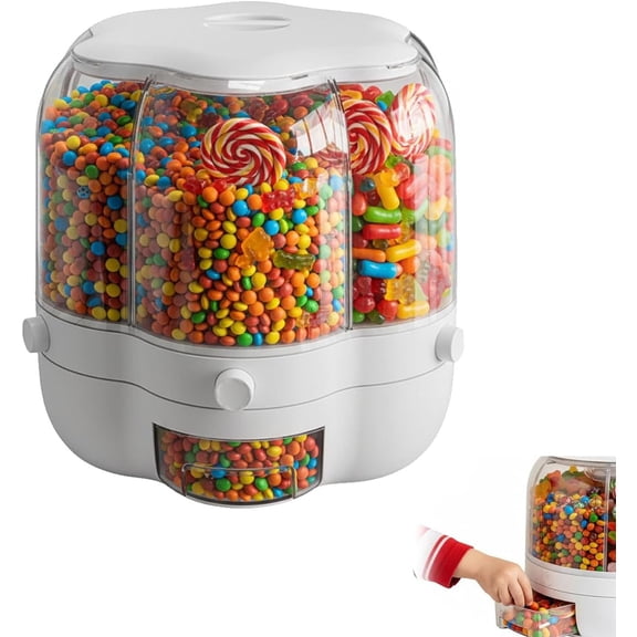 Candy Dispenser 360° Rotating with 6 Compartments, Rotating Candy Dispenser Countertop, Airtight Food Storage Container with Lid One-Click Dispensing for Snacks Cereals Kitchen