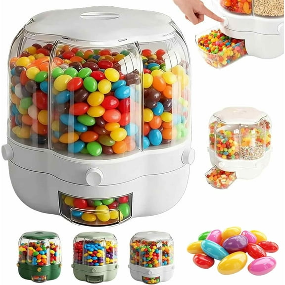 Candy Dispenser 360° Rotating with 6 Compartments,Rotating Candy Dispenser Countertop,Multi-Purpose Transparent Storage Container,Large Capacity Container for Snacks,Candies,Rice (White, Small)