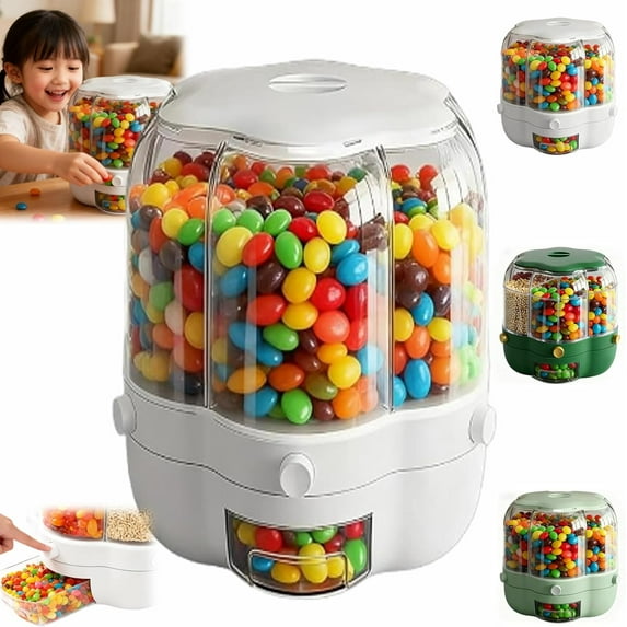 Candy Dispenser 360° Rotating with 6 Compartments, Large Capacity Multi-Purpose Kitchen Storage Container with Airtight Lid