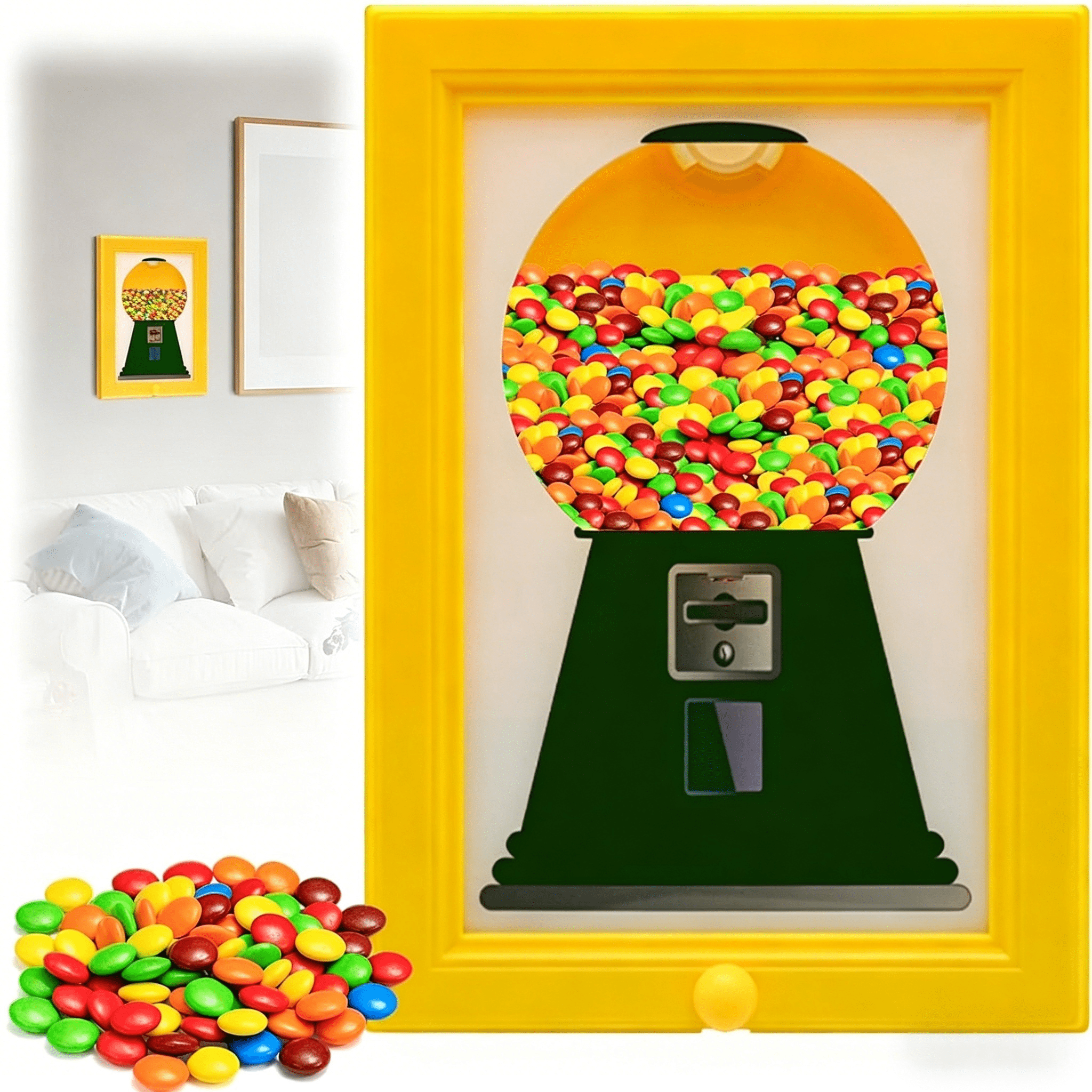 Candy Dispenser Picture Hanging Frame, Gumball Machine In A Frame, Fast Distribution Candies, Nuts, Dog & Cat Treats, Suitable For Birthday & Holiday Gifts (Yellow)