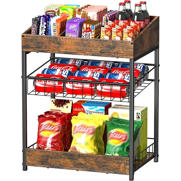 Candy Display Rack, 3 Tier Snack Rack Display for Countertop, Snack Organizer for Pantry, 6 Adjustable Compartment, Retail Display Shelf for Kitchen, Counter, Office, Brown