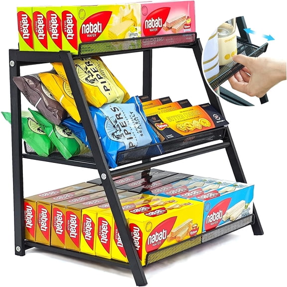 Candy Display Rack with Pull-out Tray, 3-Tire Snack Organizer for Countertop Concession Stand, Metal Snack Display Retail Display Shelf for Store Movie Theater, Chip Bag Holder, Cupcake Display Stand